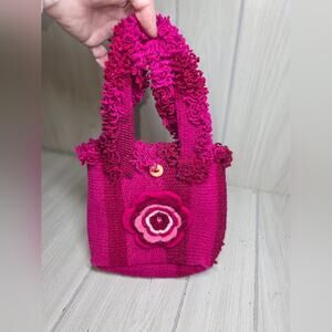 Inka Pink Knit Tote Bag Purse Crochet Flower Accent 100% Sheeps Wool Boho Peru